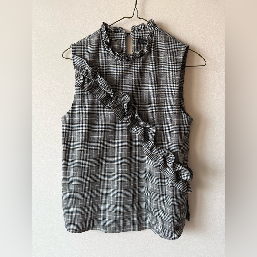 Zara Black and White Plaid Top with Ruffle Accent